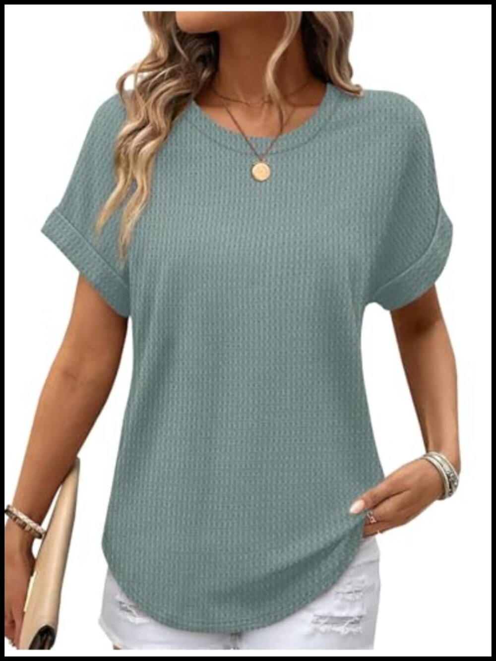 Waffle Knit Rolled Short Sleeve Tunic Top Curved Hem Loose Fit